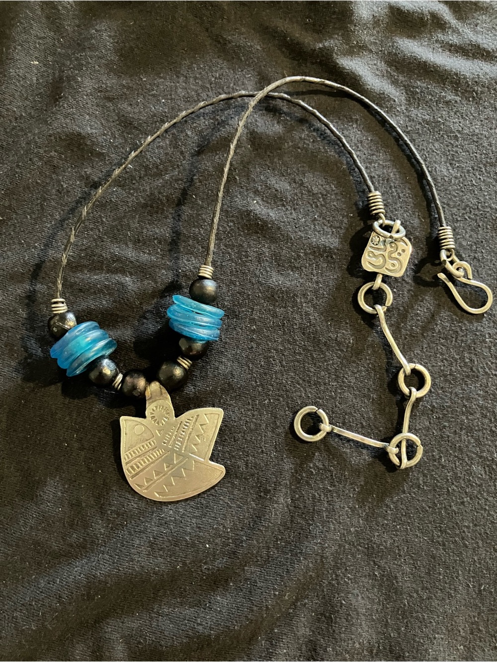 SAMI AMIN Hand Engraved Silver Bird Statement Necklace Hoor Leather